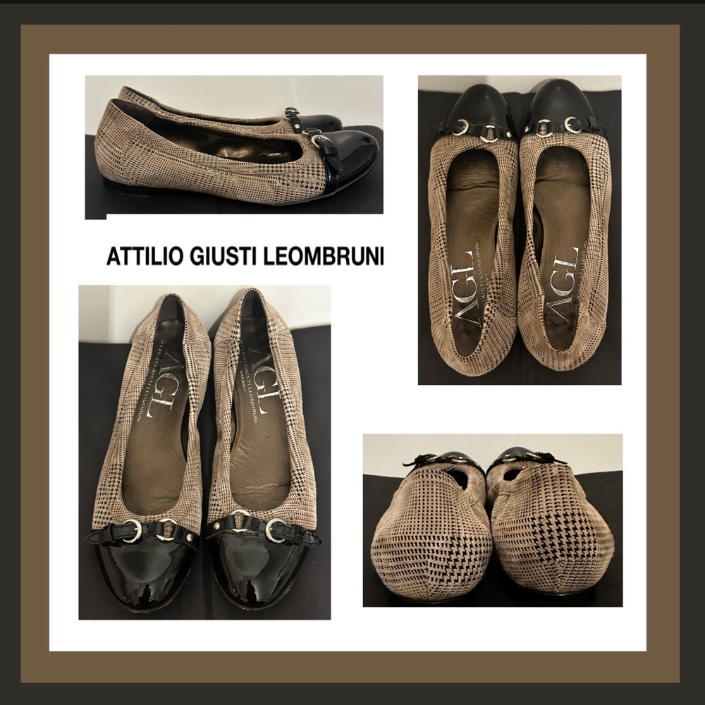AGL Monika Tweed Leather Flats w/ Patent Leather Toe cap + Buckle Detail Sz 38.5